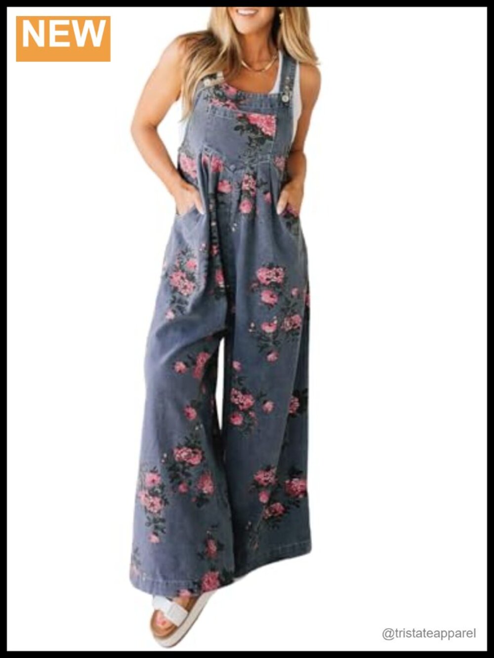 Floral Denim Bib Overalls Adjustable Straps Sleeveless Wide Leg Jean Jumpsuit